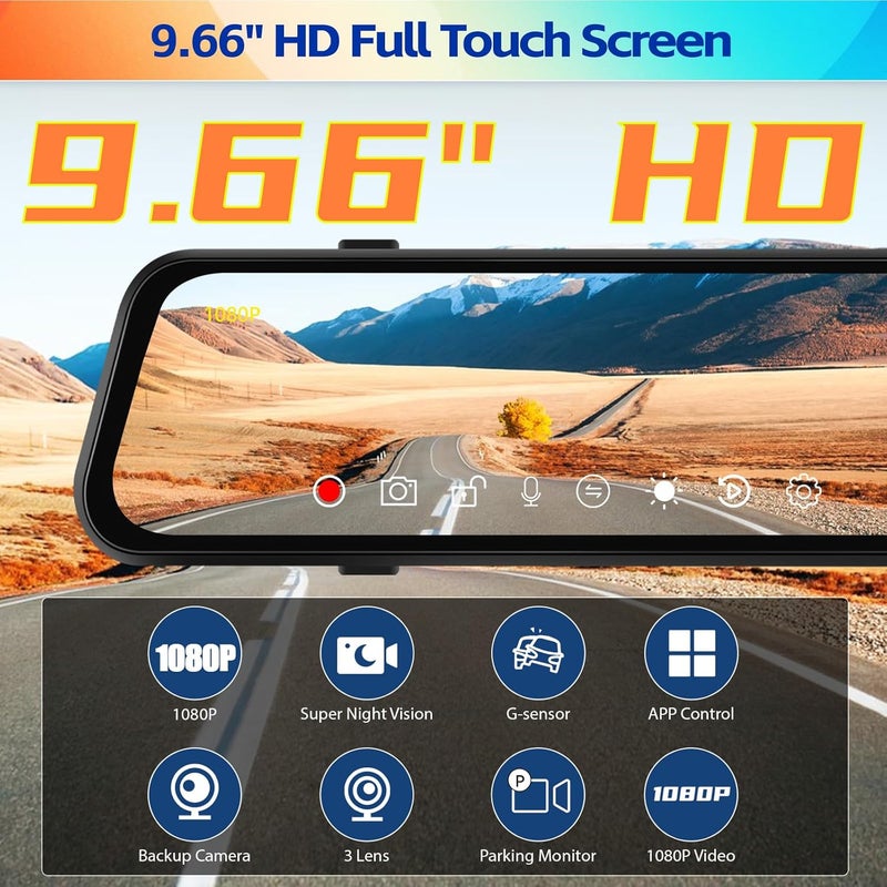 AMprime كاميرا مرآة داش 1080P بحجم 9.66 بوصة مع 3 قنوات للرؤية الأمامية والخلفية والداخلية - Image 2
